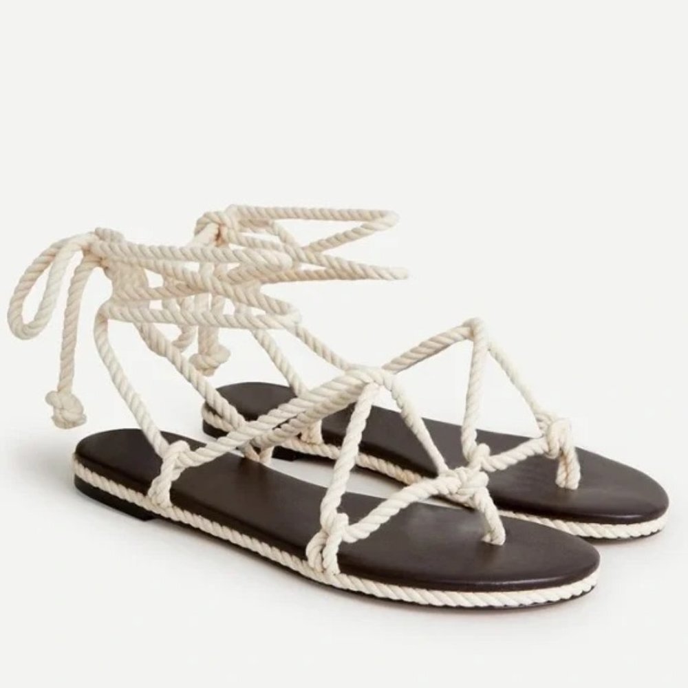 J. Crew Ivory Rope Lace-Up Flat Sandals with Dark Brown Footbed